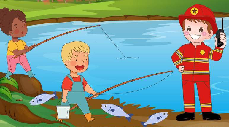 Kids fishing with firemen