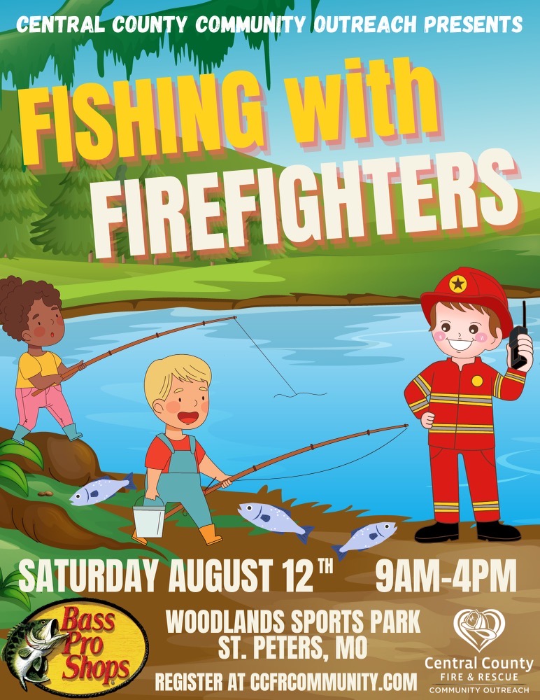 A graphic showing a firefighter and two children fishing that says "Fishing with Firefighters"